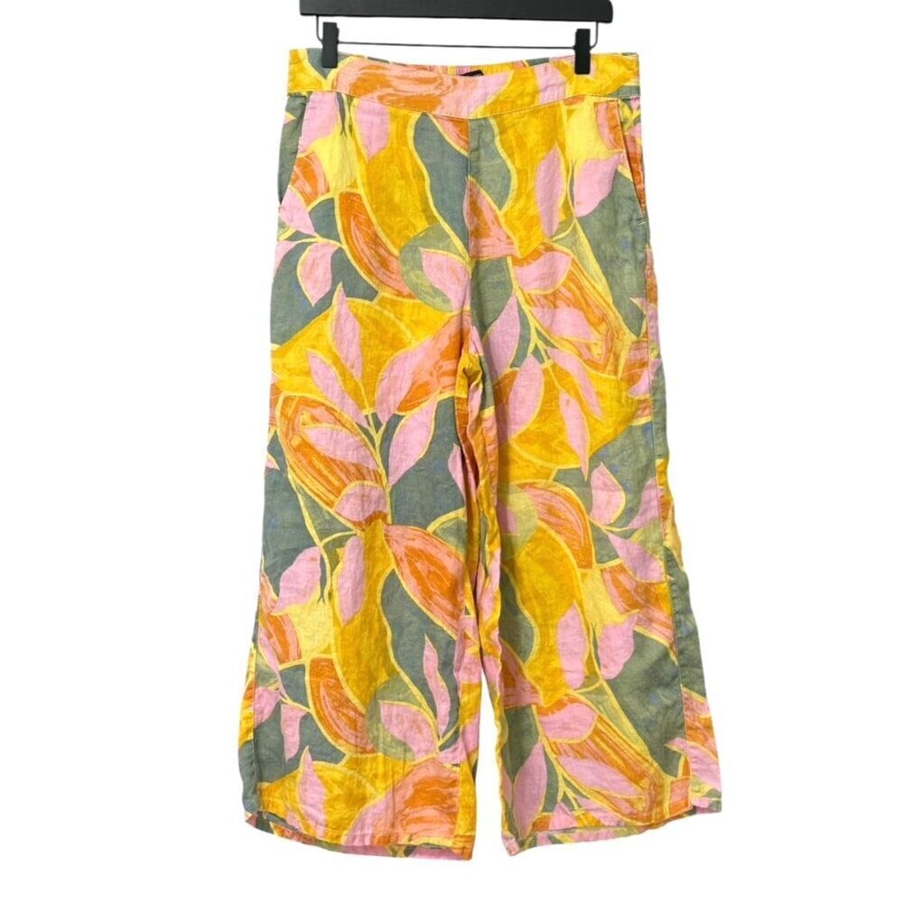 Women's Wide-Leg Printed Linen Pants - Pink & Yellow Leaf Print - Picture 8 of 8